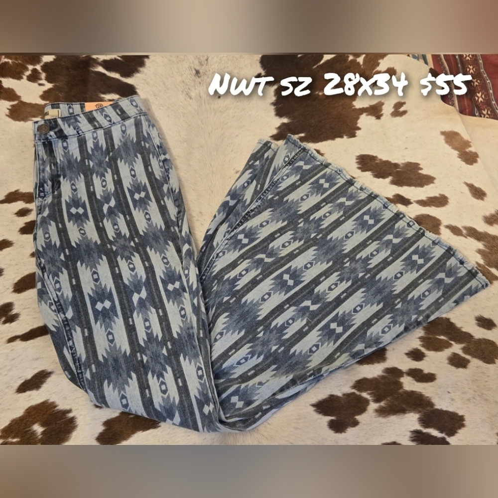 Rock & Roll Cowgirl Blue and Gray Aztec Flare Jeans